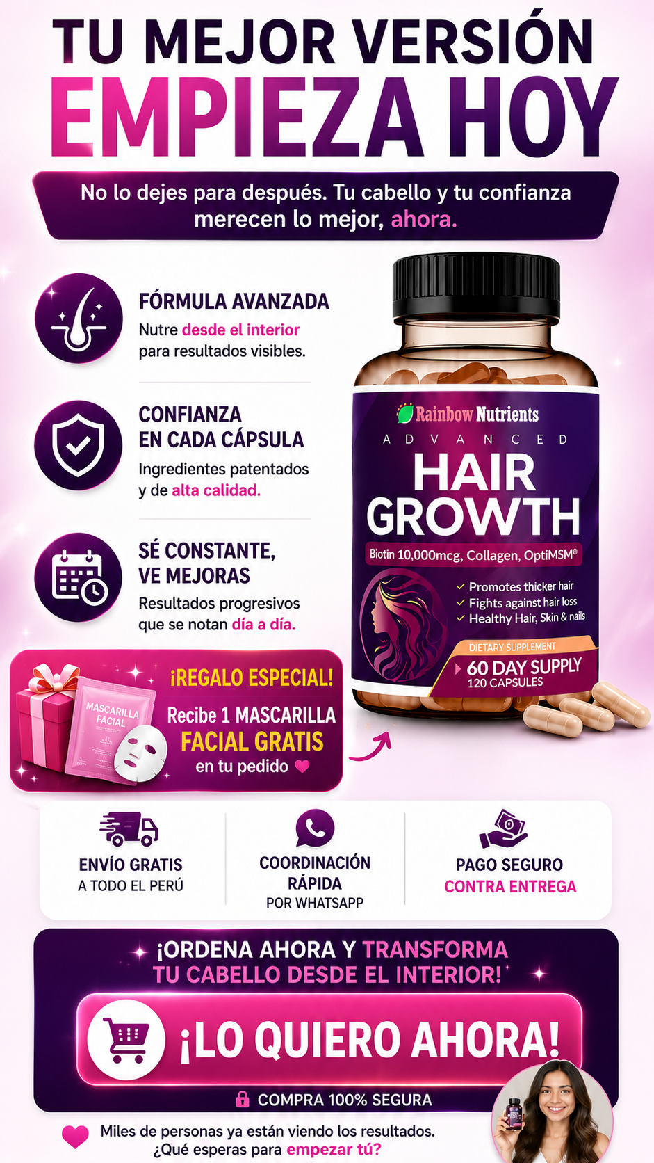 Hair Growth original en 📦 ✨
+ 1 Mascarilla Facial GRATIS 🎁por tu compra