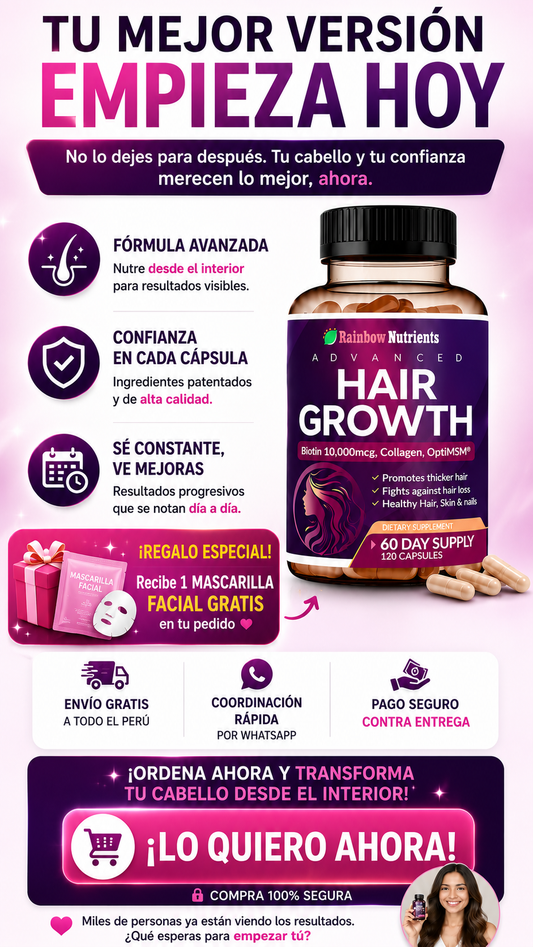 Hair Growth original en 📦 ✨
+ 1 Mascarilla Facial GRATIS 🎁por tu compra