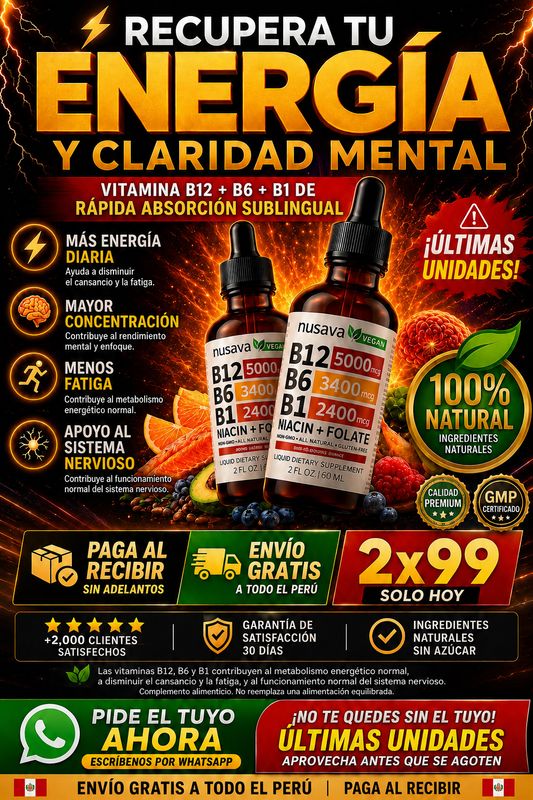 Vitamina B12 Nusava 5000 mcg | Más Energía y Menos Fatiga | 2 Frascos por S/99
⏳ ¡Últimas Unidades!