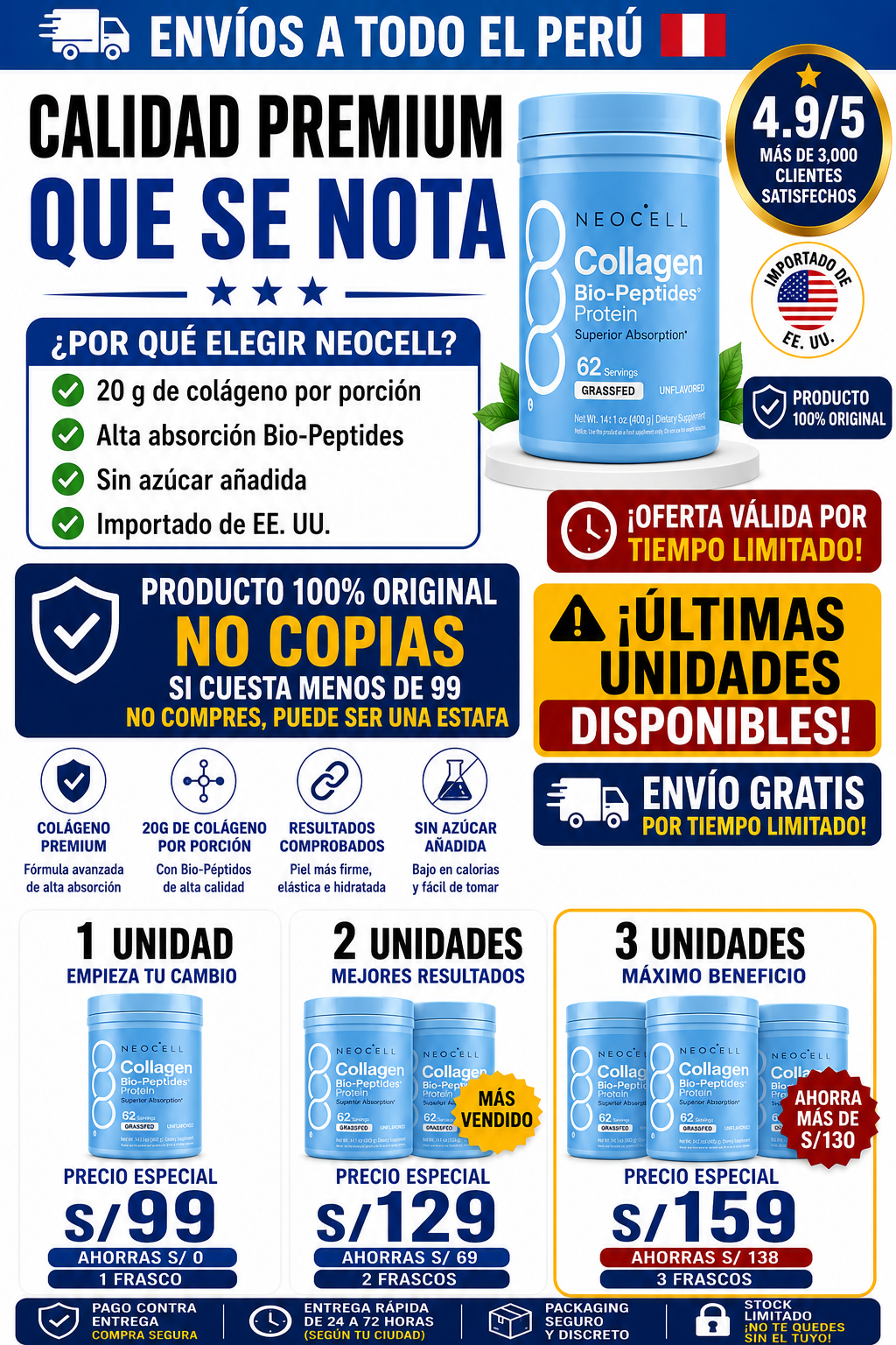 🔥Último día de oferta:Lleva 1 Bio Collagen Peptides por solo S/99 últimas unidades