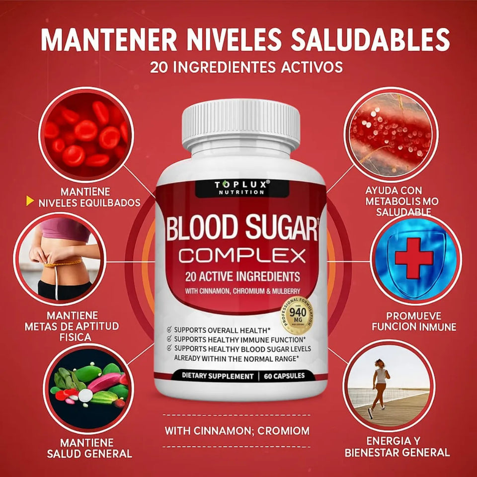 Blood Sugar Complex con 20 ingredientes activos: apoyo completo para tu azúcar”